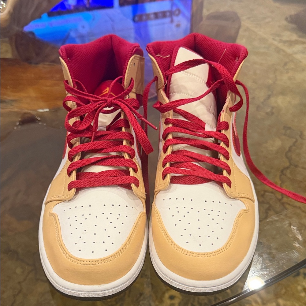 Authentic Air Jordan 1 Mid in the Light Curry/Cardinal Red colorway